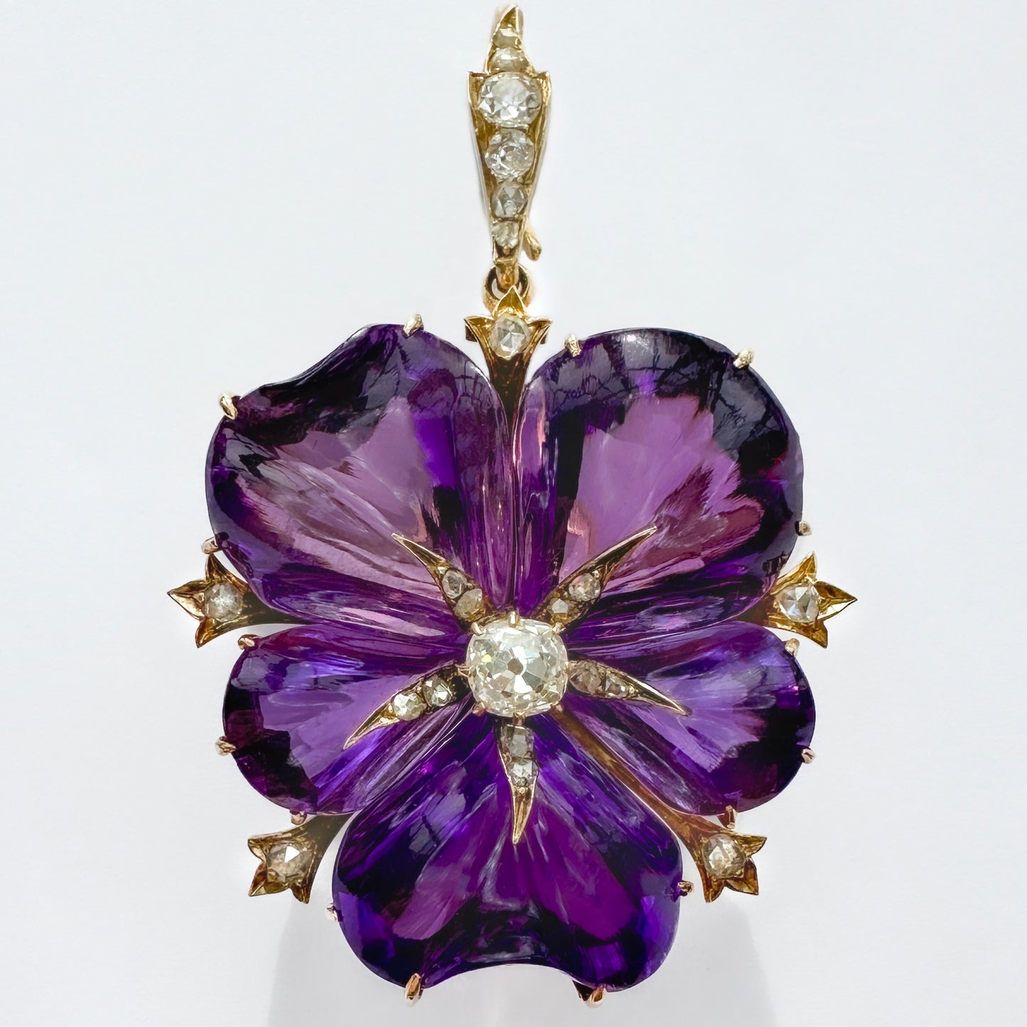 Victorian Antique Carved Amethyst and Diamond Flower Pendant come Brooch