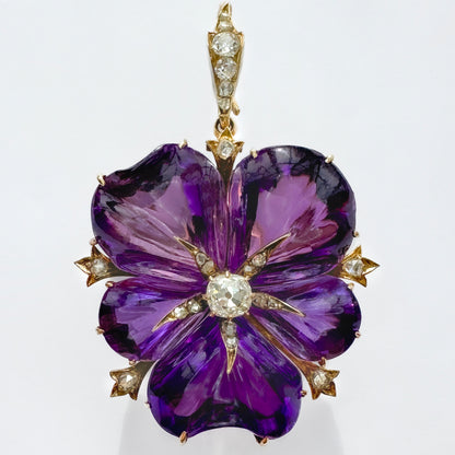 Victorian Antique Carved Amethyst and Diamond Flower Pendant come Brooch
