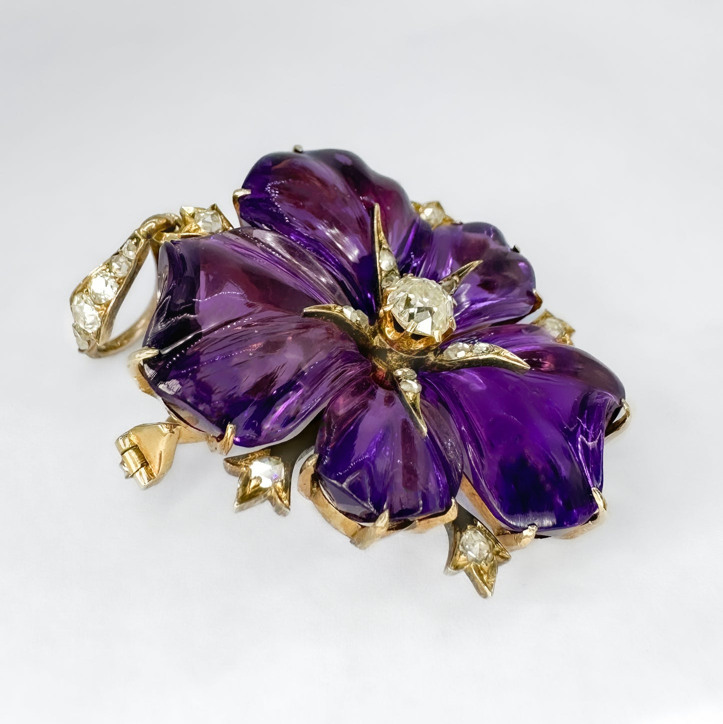 Victorian Antique Carved Amethyst and Diamond Flower Pendant come Brooch