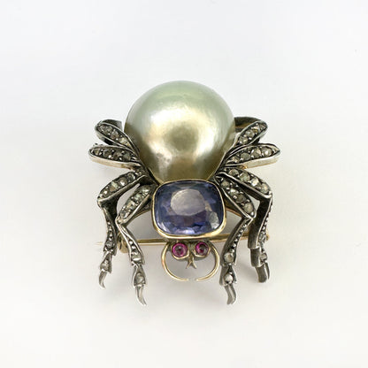 Antique Ceylon Sapphire Freshwater Pearl Ruby Diamond Spider Brooch