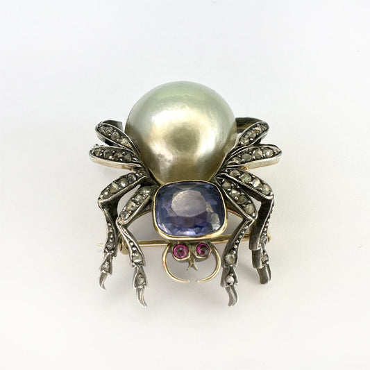 Antique Ceylon Sapphire Freshwater Pearl Ruby Diamond Spider Brooch