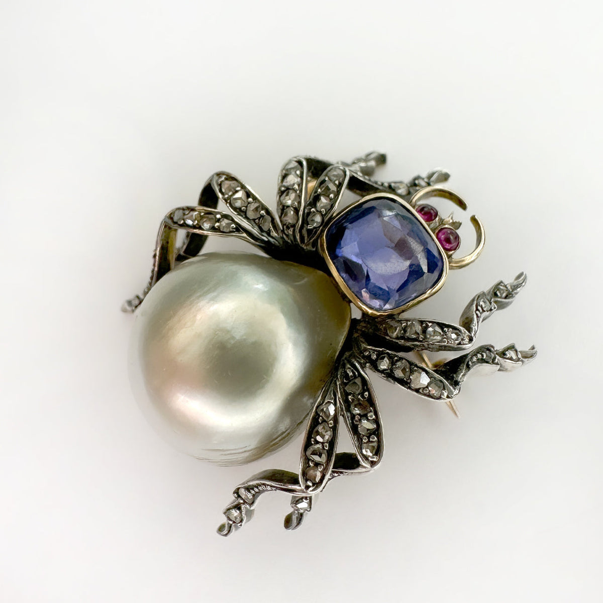 Antique Ceylon Sapphire Freshwater Pearl Ruby Diamond Spider Brooch