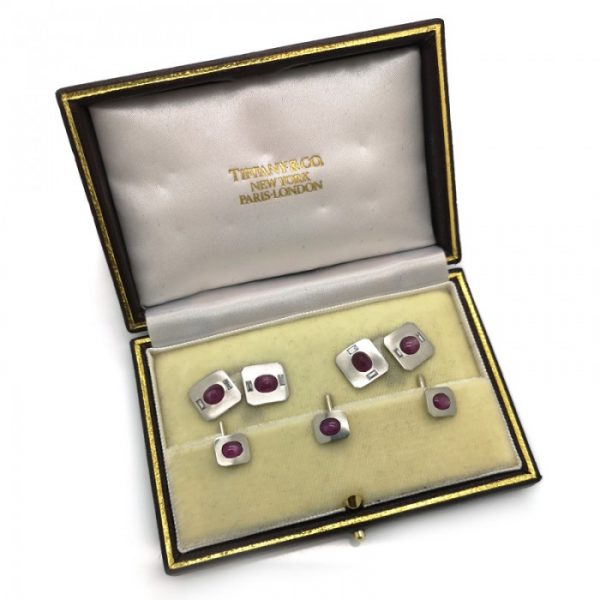 Vintage Tiffany and Co Star Ruby and Platinum Dress Set with Original Tiffany & Co Box, Circa 1950