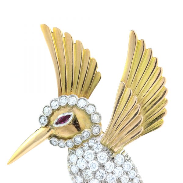 Vintage 18ct Yellow Gold Hummingbird Brooch with 1.41cts Diamonds and Ruby Eye, Circa 1950s