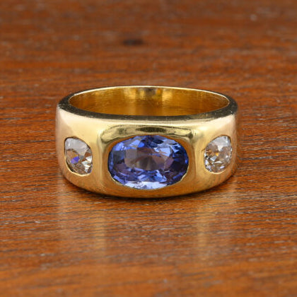 Vintage Certified 2.10ct Ceylon No Heat Sapphire and Diamond Three Stone Gypsy Ring in Chunky 18ct Yellow Gold Band