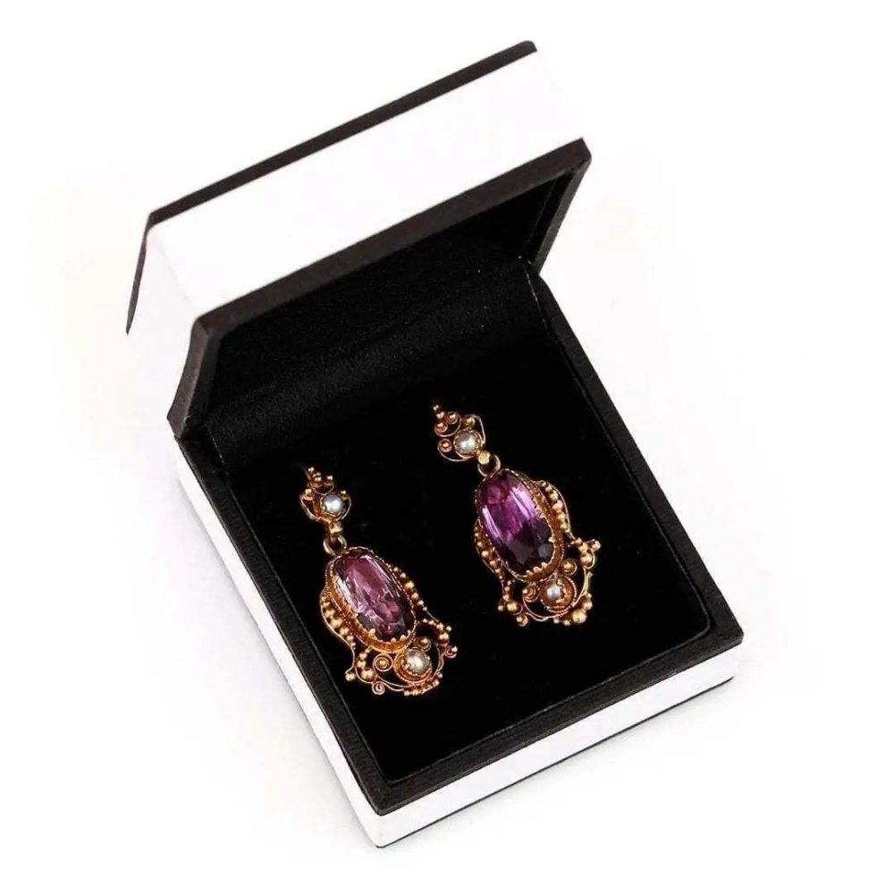 Antique Georgian Ornate Gold Amethyst and Pearl Drop Earrings