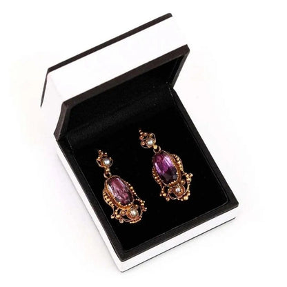Antique Georgian Ornate Gold Amethyst and Pearl Drop Earrings