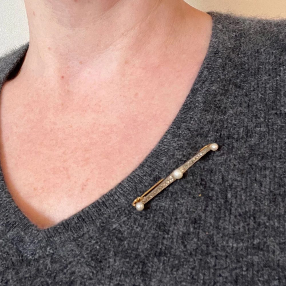 Antique Natural Pearl and Rose Cut Diamond Bar Brooch