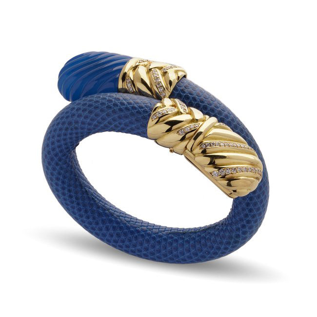 Alexis Barthelay 18ct Yellow Gold, Diamond and Blue Leather Snake Bracelet Watch