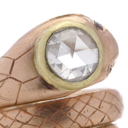 Antique 18ct Yellow Gold Coiled Snake Ring with 1.90ct Rose Cut Diamond