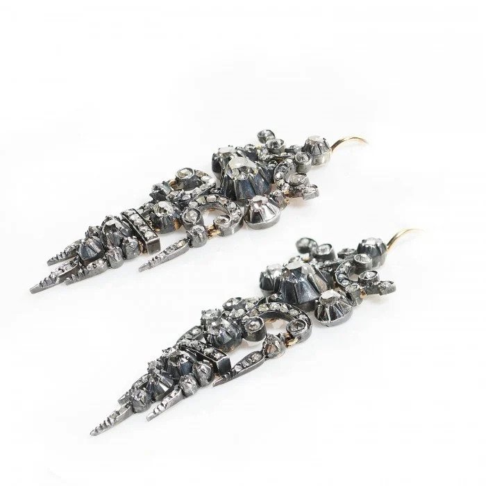 Antique Early Victorian Old Cut Diamond Chandelier Earrings, 5 carats