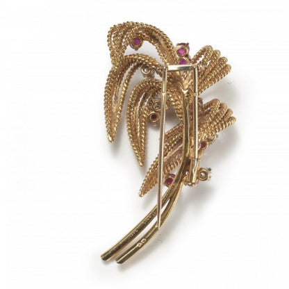 Vintage 1960s Boucheron Ruby, Diamond and Gold Floral Spray Brooch