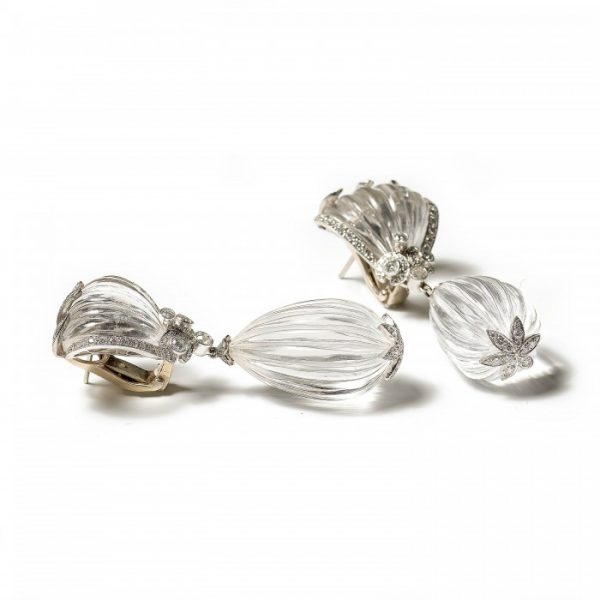 Vintage Fluted Rock Crystal and Diamond Drop Earrings, 4.50 carats, Circa 1980s