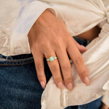 Opal Three Stone Filigree Ring in Yellow Gold