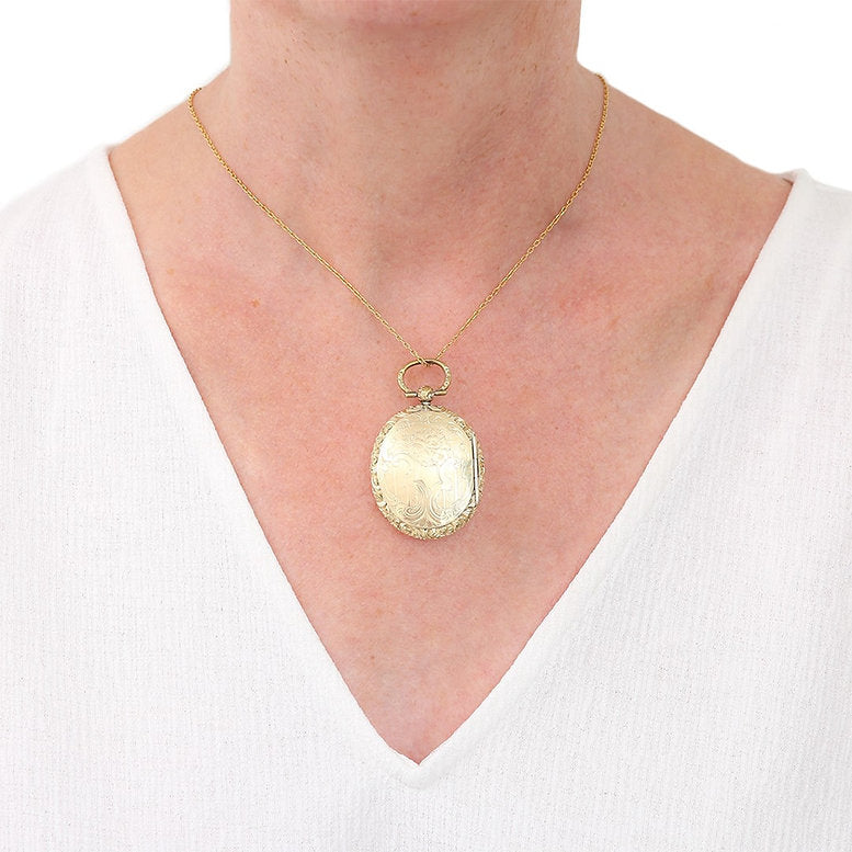 Antique Victorian Large Oval Gold Engraved Double Sided Locket Pendant