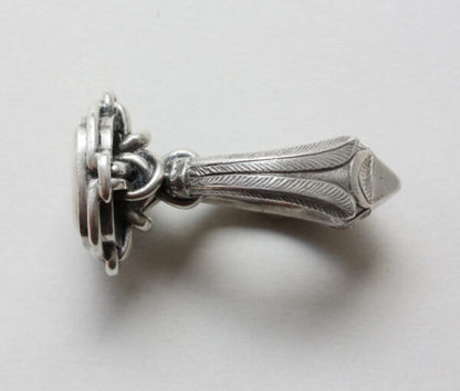 19thC French Neo Renaissance Silver Desk Seal Ring; presse papier ring, quatrefoil bezel set with octahedron diamond, animal mouths to shank, Circa 1870