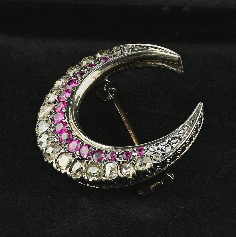 Victorian Antique 3.10ct Old Cut Diamond and Ruby Crescent Moon Brooch
