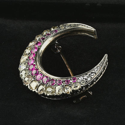 Victorian Antique 3.10ct Old Cut Diamond and Ruby Crescent Moon Brooch