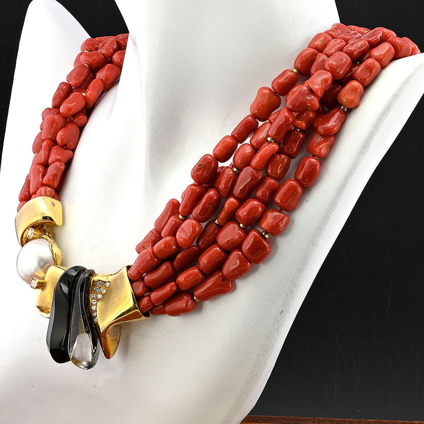 Misani Milano Natural Red Sardinia Coral Necklace, 6 intertwined strands of natural Italian Red Sardinia coral with 18ct yellow gold clasp set with diamonds, mabe pearl, black onyx and rock crystal, Circa 1980