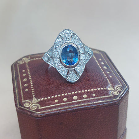 Sapphire and Diamond Navette Plaque Ring in Platinum