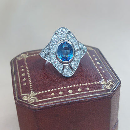 Sapphire and Diamond Navette Plaque Ring in Platinum