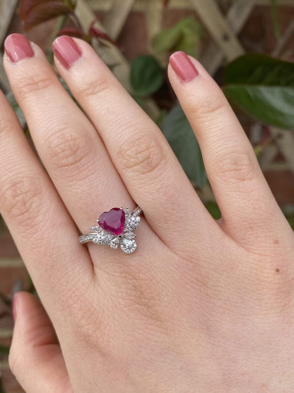 1.35ct Heart Shaped Burma Ruby and Diamond Cluster Dress Ring in Platinum