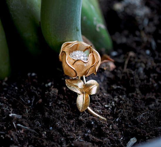 Cartier 2.25ct Diamond and Gold Articulated Rose Flower Brooch