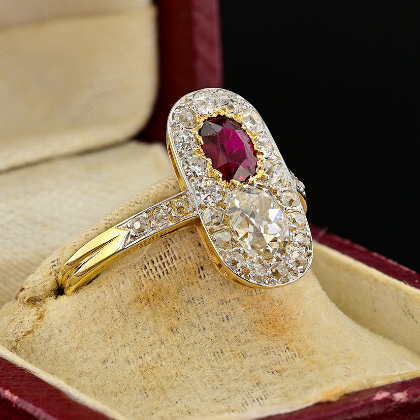 Edwardian Antique Natural No Heat Ruby and Old Mine Cut Diamond Two Stone Cluster Plaque Ring in Platinum and 18ct Yellow Gold