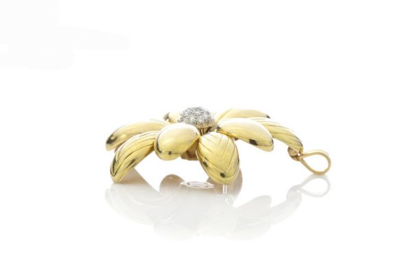 Vintage 1ct Diamond and 18ct Yellow Gold Flower Brooch Pendant; 18ct floral brooch come pendant set with brilliant cut diamonds, London 1995