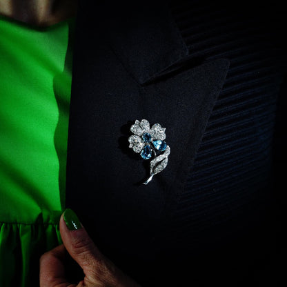 Vintage 3.75ct Aquamarine and Diamond Flower Brooch in Platinum