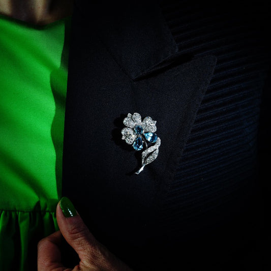 Vintage 3.75ct Aquamarine and Diamond Flower Brooch in Platinum
