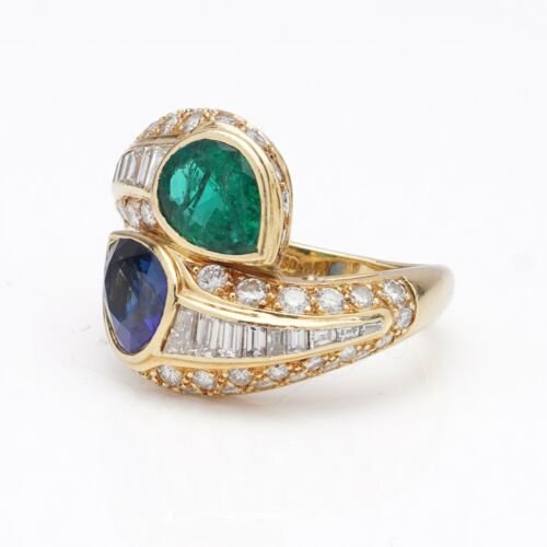 Vintage Sapphire Emerald Toi et Moi Ring with Diamonds