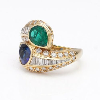 Vintage Sapphire Emerald Toi et Moi Ring with Diamonds
