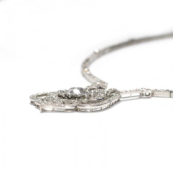 Art Deco Diamond Necklace with Old Cut Cluster Pendant, 18.75 carats