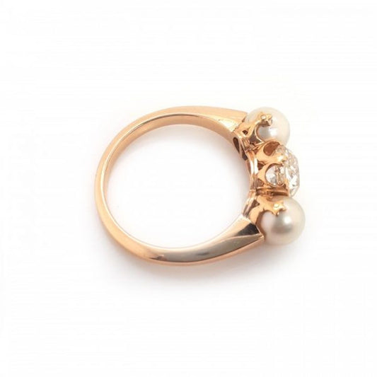 Antique Victorian Natural Pearl and Old Cut Diamond Three Stone Ring