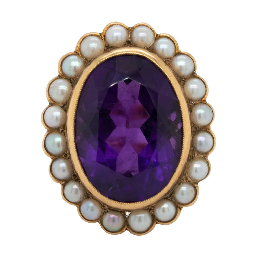 Vintage Large Oval Amethyst and Pearl Cluster Cocktail Ring in 15ct Gold