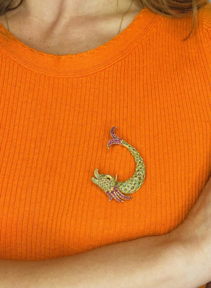 Vintage 5ct Cabochon Emerald Fish Brooch with Rubies