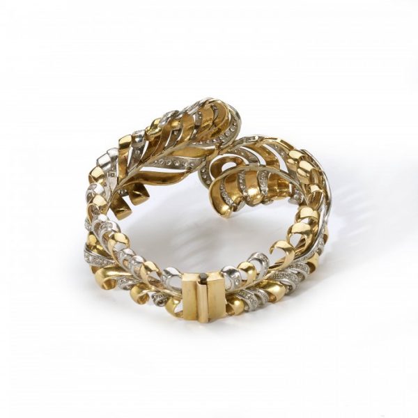 Vintage Diamond and 18ct Gold Feather Bangle Bracelet, 5.00 carats