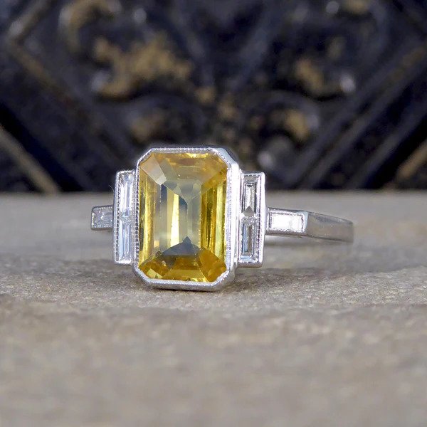 Art Deco Inspired 2.05ct Yellow Sapphire and Baguette Diamond Engagement Ring in Platinum