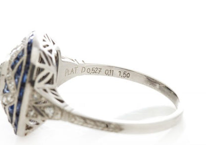 Art Deco Style 0.80ct Sapphire, Diamond and Platinum Cluster Cocktail Ring, Circa 1980s