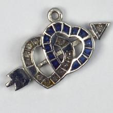 Sapphire, Diamond and Platinum Interlocking Hearts and Cupids Arrow Charm Pendant