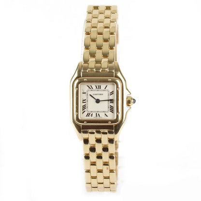 Cartier Panthère Ladies 18ct Yellow Gold 22mm Quartz Bracelet Watch, square white dial, Roman numerals, blue steel hands, sapphire glass, blue cabochon gem set crown, 18ct yellow gold bracelet with concealed double deployant clasp