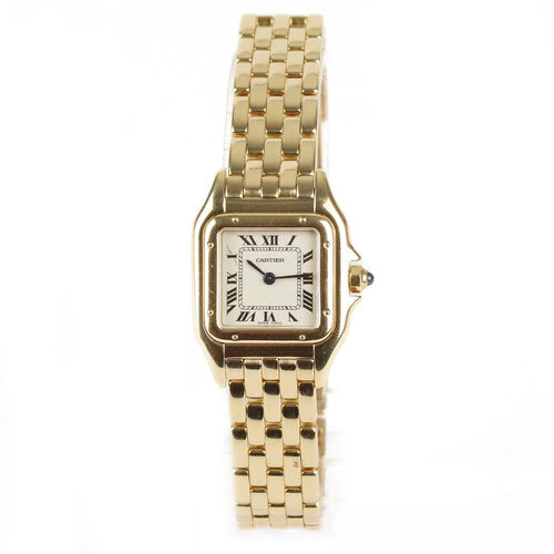 Cartier Panthère Ladies 18ct Yellow Gold 22mm Quartz Bracelet Watch, square white dial, Roman numerals, blue steel hands, sapphire glass, blue cabochon gem set crown, 18ct yellow gold bracelet with concealed double deployant clasp