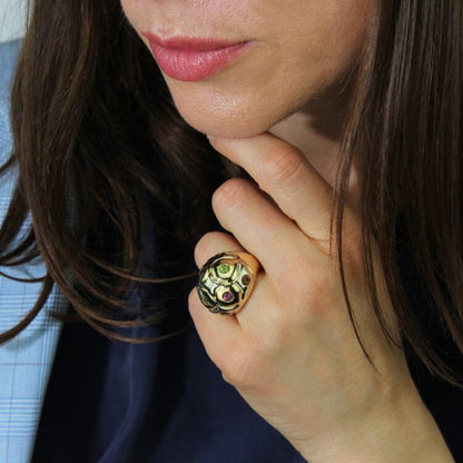 Bvlgari Multi Gemstone and 18ct Gold Domed Cocktail Ring; set with citrine, amethysts and garnets, with original box. Made in Italy, Circa 1990s