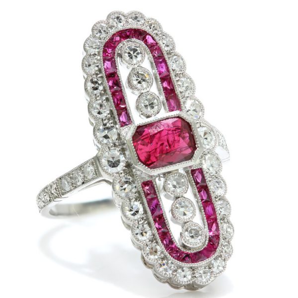 Vintage Art Deco Style Ruby and Diamond Cluster Plaque Ring in Platinum, Circa 1980s