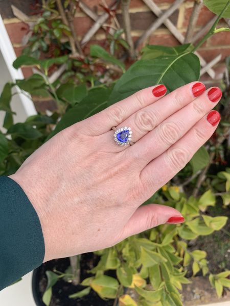 Pear Cut Tanzanite and Diamond Cluster Ring in 18ct White Gold; 2.69 carats