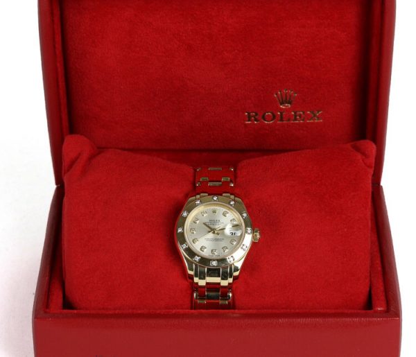 Rolex Lady Oyster Perpetual Datejust Pearl Master 18ct Yellow Gold 29mm Automatic Watch with Diamond Bezel, ref 80319, silvered dial with diamond set hour markers, factory set diamonds to the 18ct yellow gold bezel, 18ct yellow gold bracelet with a single deployment clasp