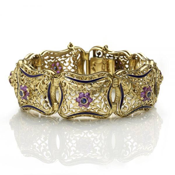 Vintage Italian Enamelled Gem Set Gold Bracelet