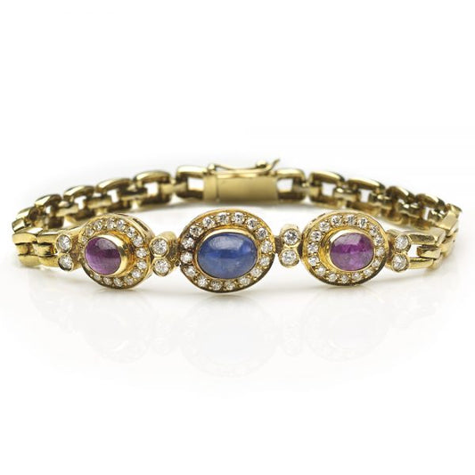 Cabochon Sapphire, Ruby and Diamond Cluster Bracelet, 18ct Yellow Gold