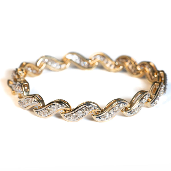 Vintage Diamond Set Wave S Link Gold Bracelet, 3.75 carats